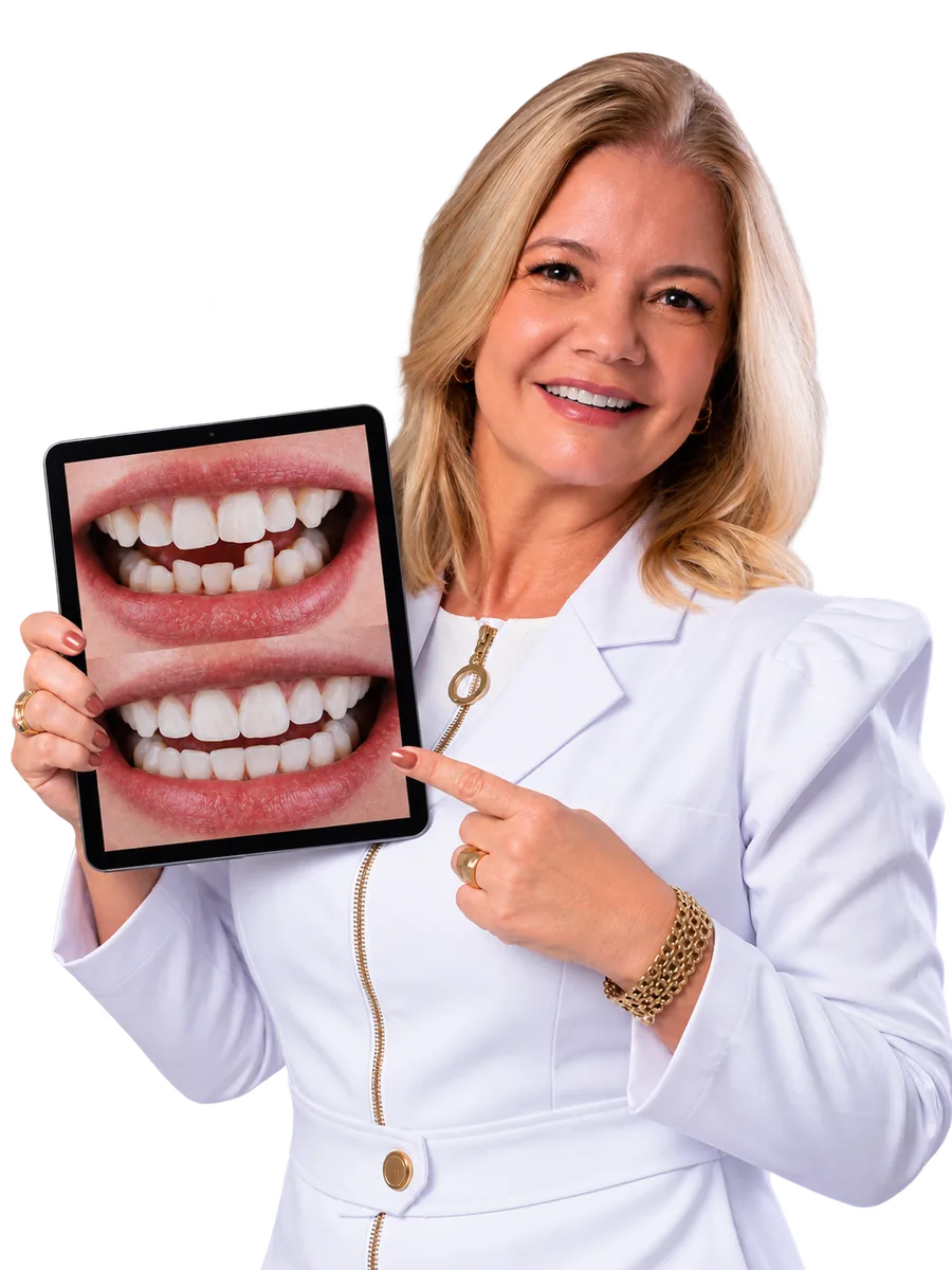 Dentista da Mazza Odontologia mostrando um caso de ortodontia com alinhadores invisalign
